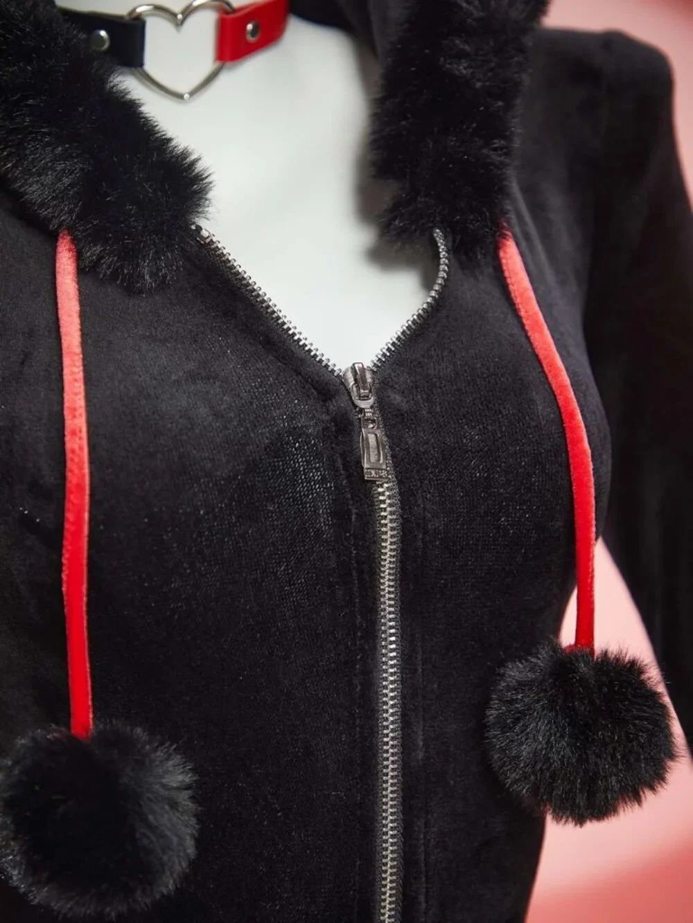 Gothic Furry Hooded Bodysuit Romper - Deep V Cat Costume for Halloween